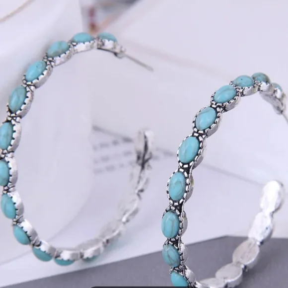 Turquoise Silver Western Hoop Earrings Light - Picture 4 of 4